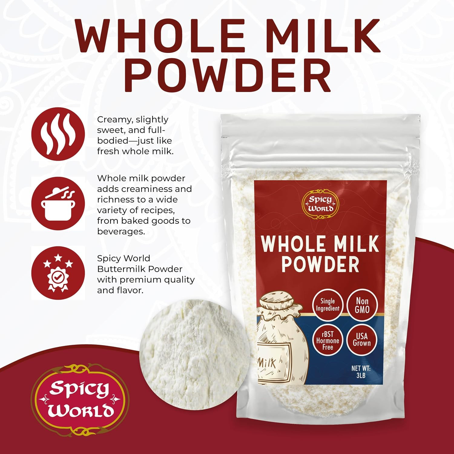 Whole Milk Powder 3 LB Bulk Bag – RBST Hormone Free, Made in USA, Non-Gmo, Premi