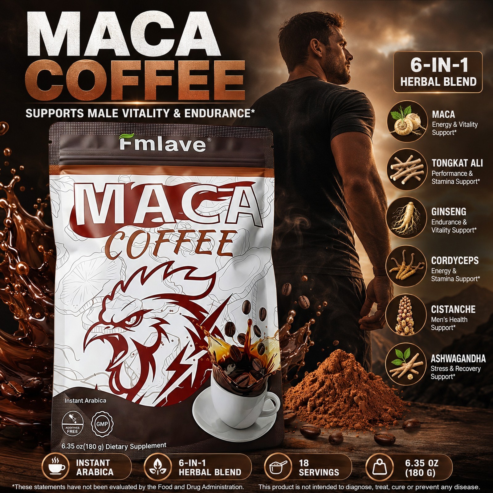 Men’s Energy Enhance Coffee Instant Coffee with Maca Ginseng Ashwagandha 6.35 oz