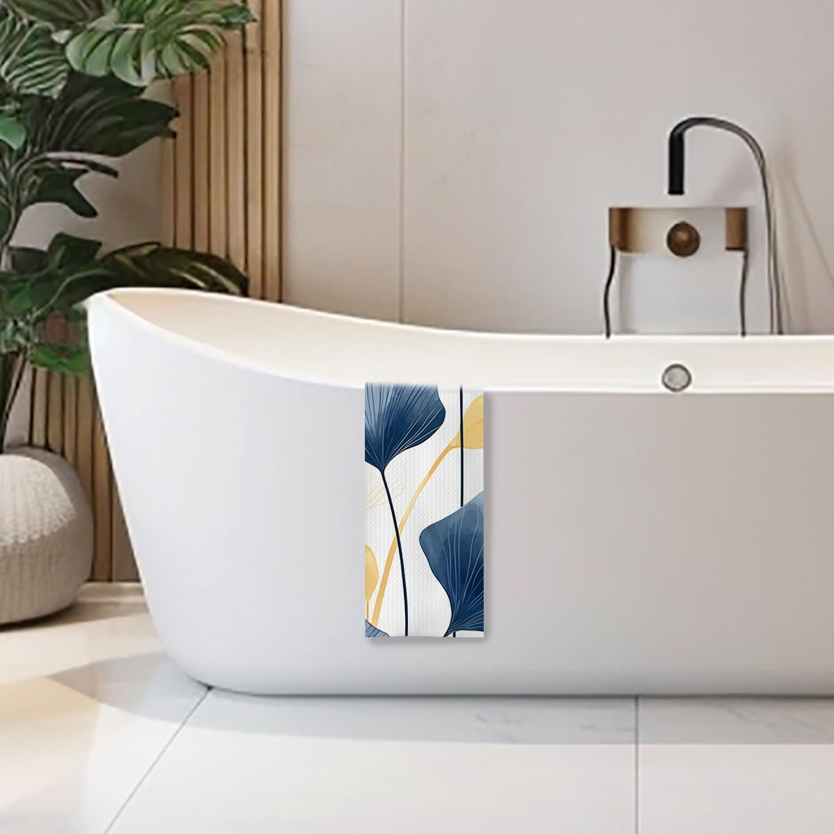 Boho Botanical Kitchen & Bath Towels – Navy & Ginkgo Leaves, Mid Century Modern