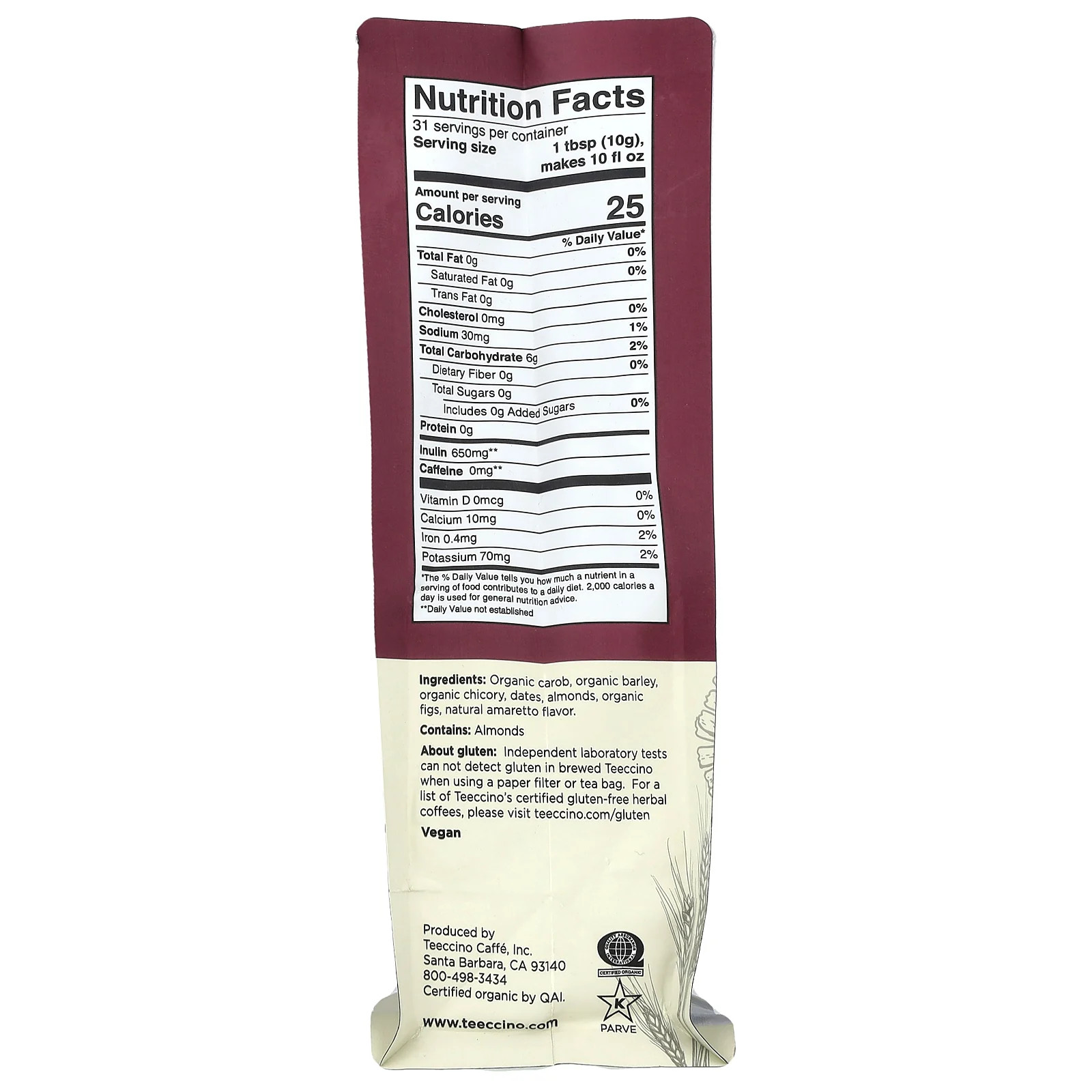 Chicory Herbal Coffee, Almond Amaretto, Medium Roast, Caffeine Free, 11 oz (312