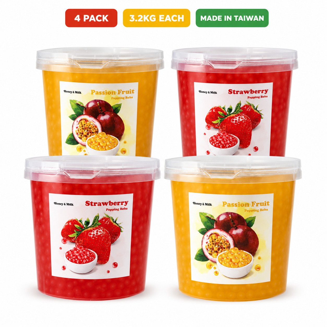 Honey&Milk Popping Boba 4 Pack 3.2KG Passion Fruit Strawberry Bubble Tea Taiwan