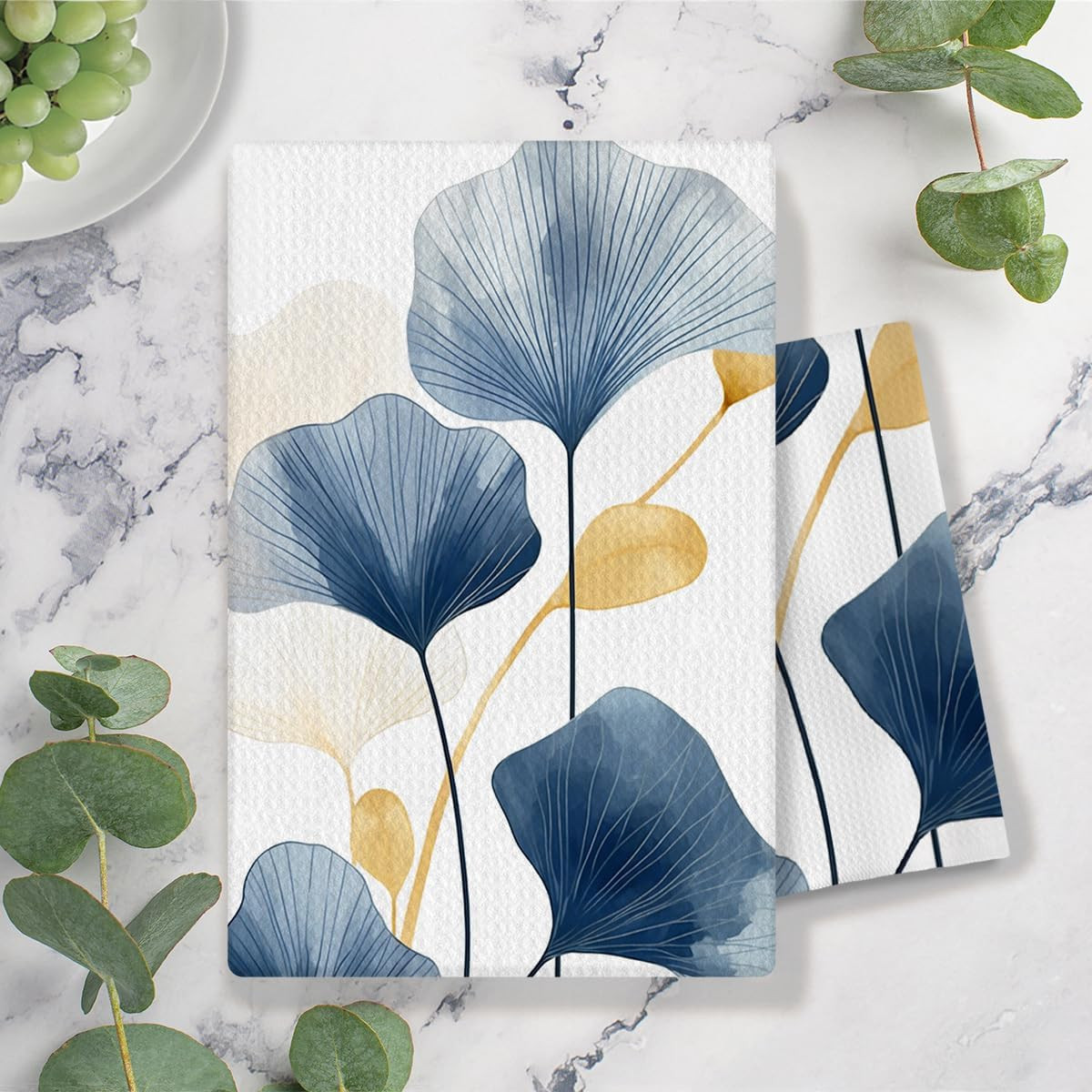Boho Botanical Kitchen & Bath Towels – Navy & Ginkgo Leaves, Mid Century Modern