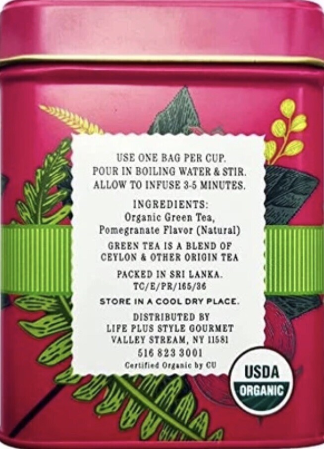 Pomegranate Organic Green Tea The Secret Garden Total 100 Bags 100g EA BOX of 2