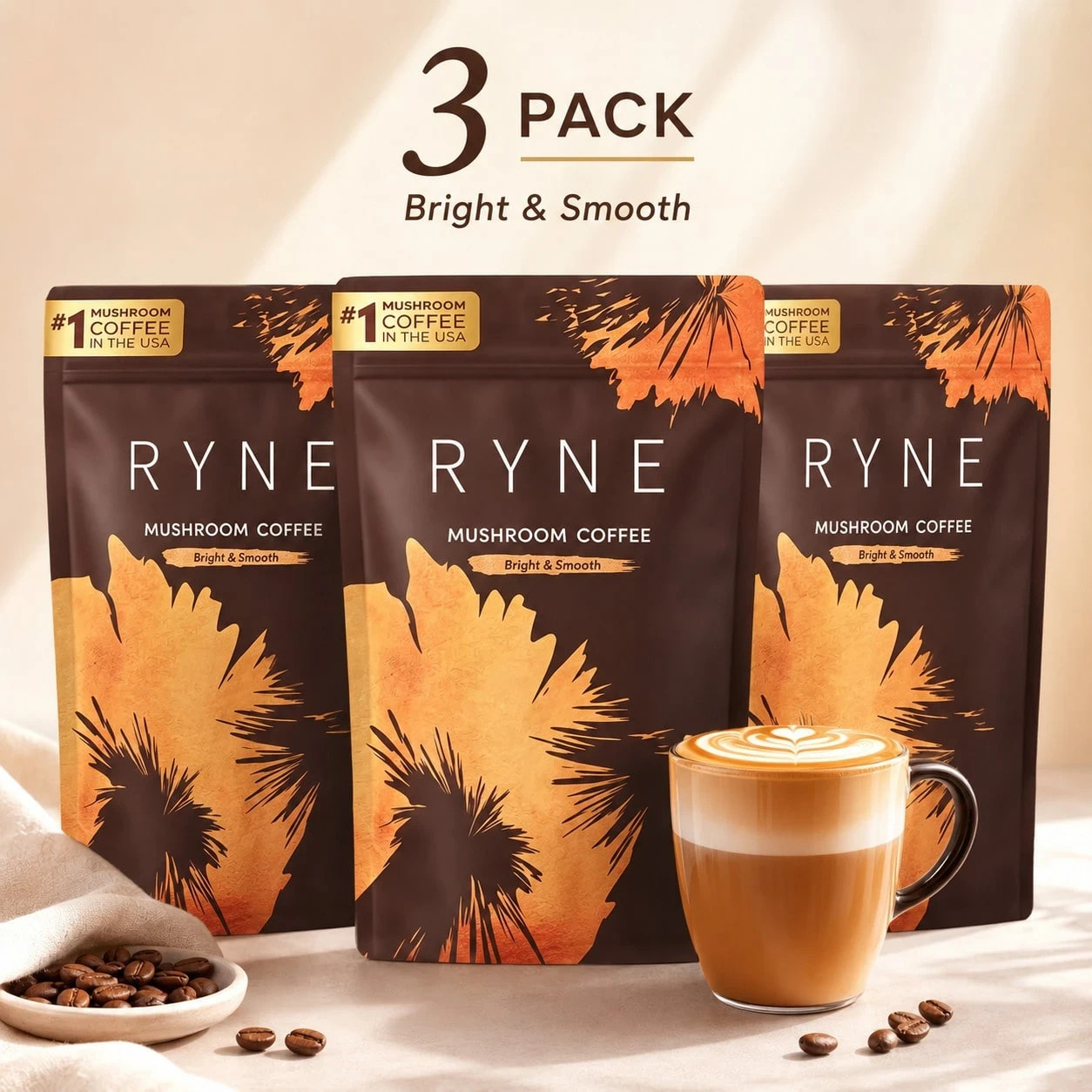 3 Pack Organic Ryne Mushroom Coffee 90 SERVINGS Instant Coffee New Energy Bundl