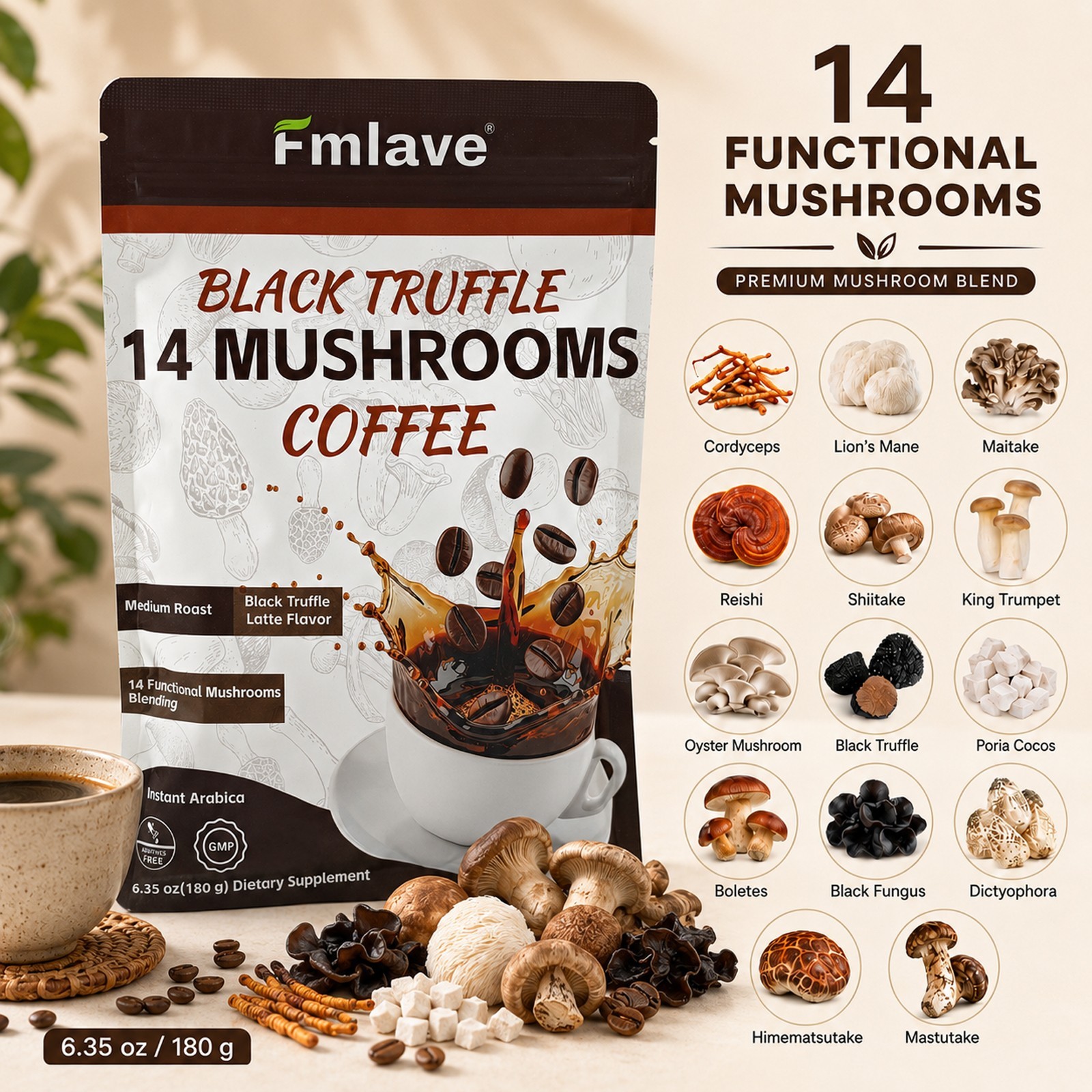 14-in-1 Mushroom Coffee 18-serving Organic Lions Mane Energy Focus Powder 6.35oz