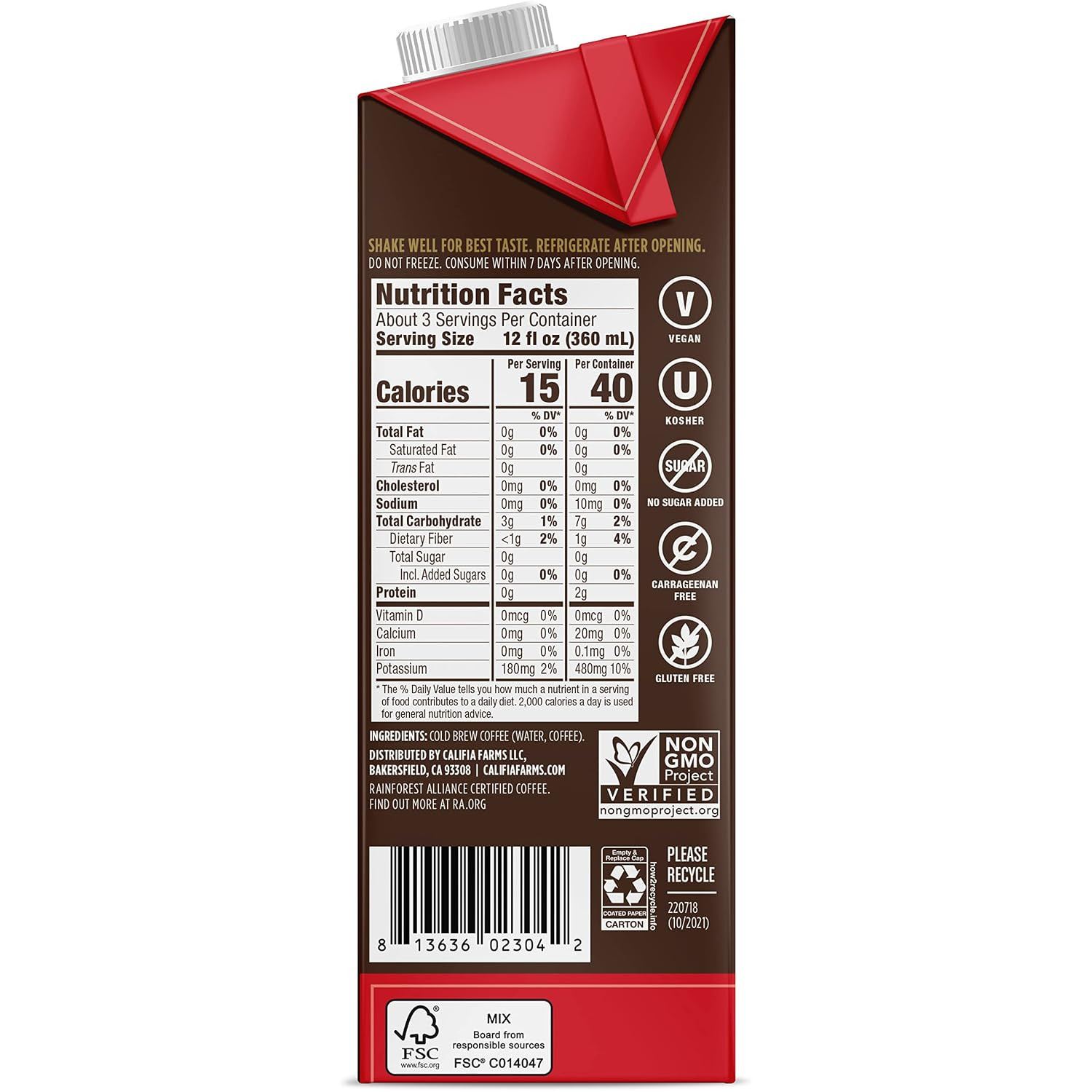 Califia Farms -Unsweetened Cold Brew Coffee | 32 Oz | Dairy Free | Gluten Free |