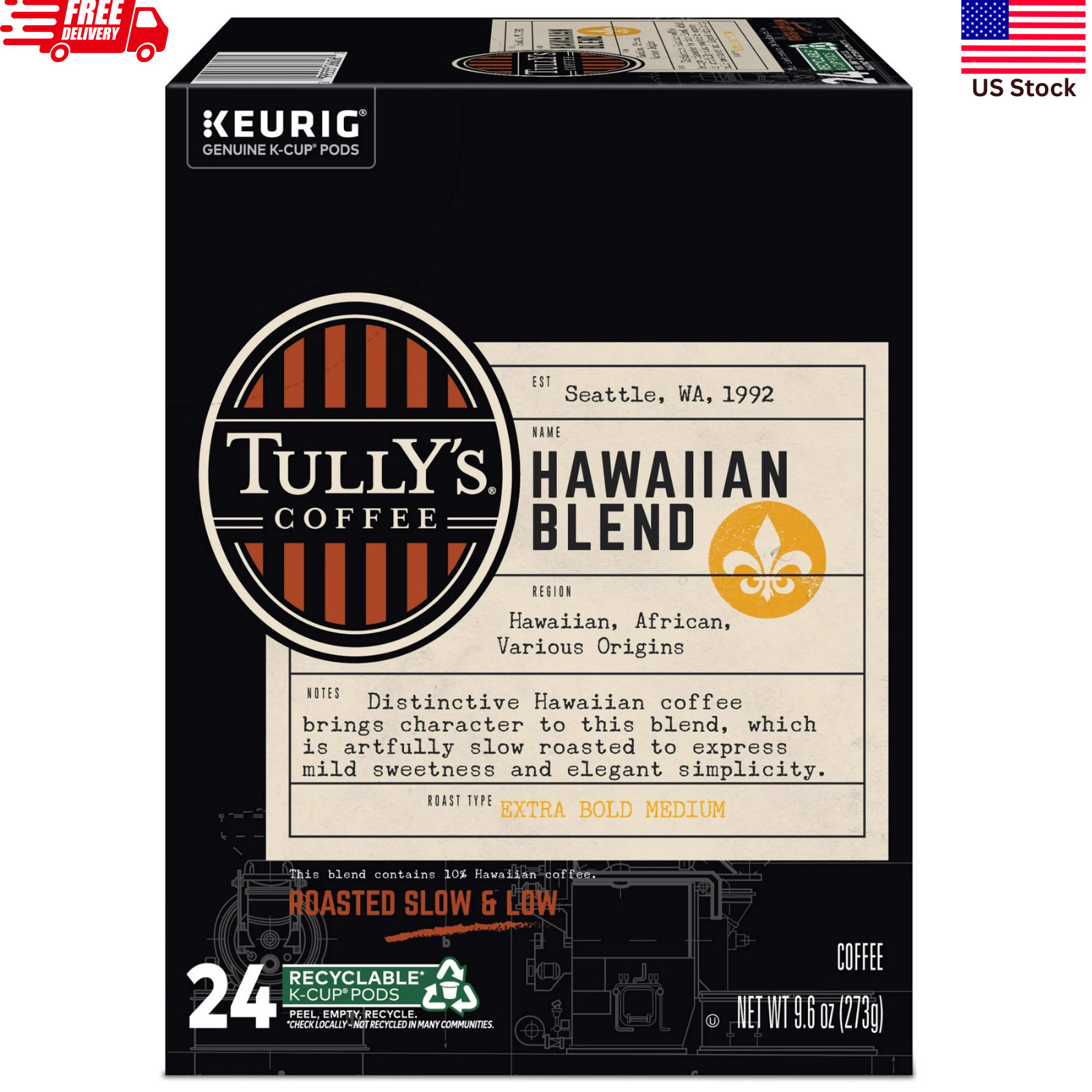 Tully’s Coffee Hawaiian Blend K-Cups – Medium Roast – 24 Count Box – NEW