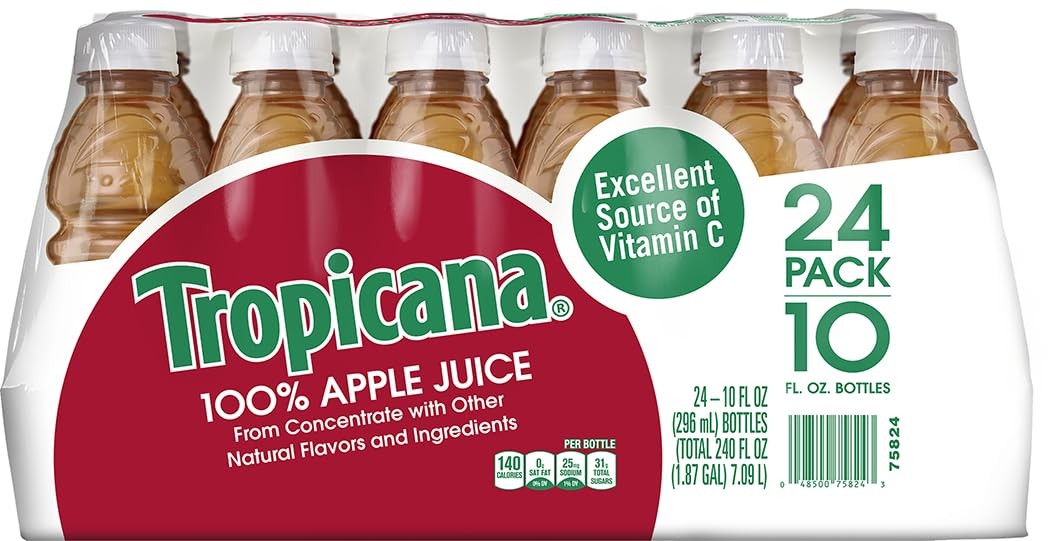 Tropicana 100% Apple Juice, Single Serve, 10 Fl Oz Bottles (Pack of 24)