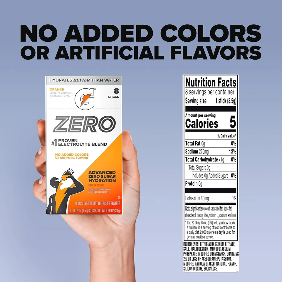 GATORADE G ZERO POWDER, Orange SUGAR FREE Packets 10 Single Packets QUICK STICKS