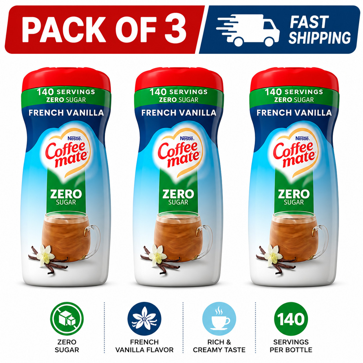 Coffee mate French Vanilla Zero Sugar Powder Creamer 10.2 oz Pack of 3
