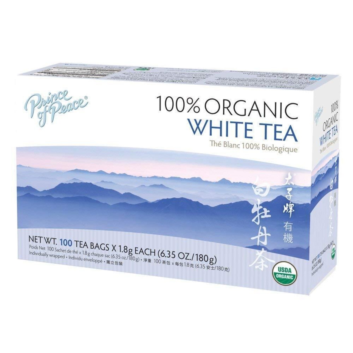 100% Organic White Tea, 100 Tea Bags Each Box -Prince of Peace