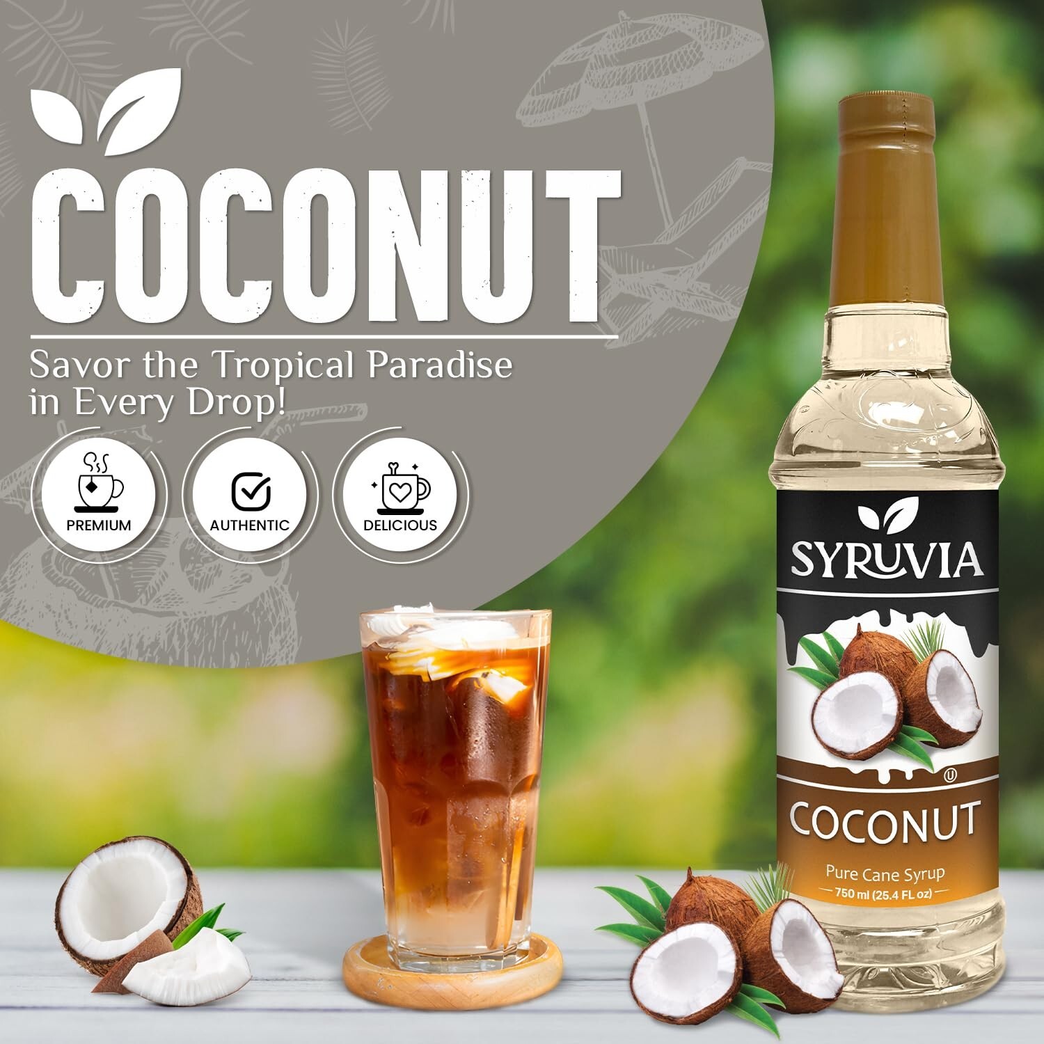 Syruvia Coconut Syrup – 25.4 fl oz. Kosher, Gluten-Free. Ideal for Drinks & More