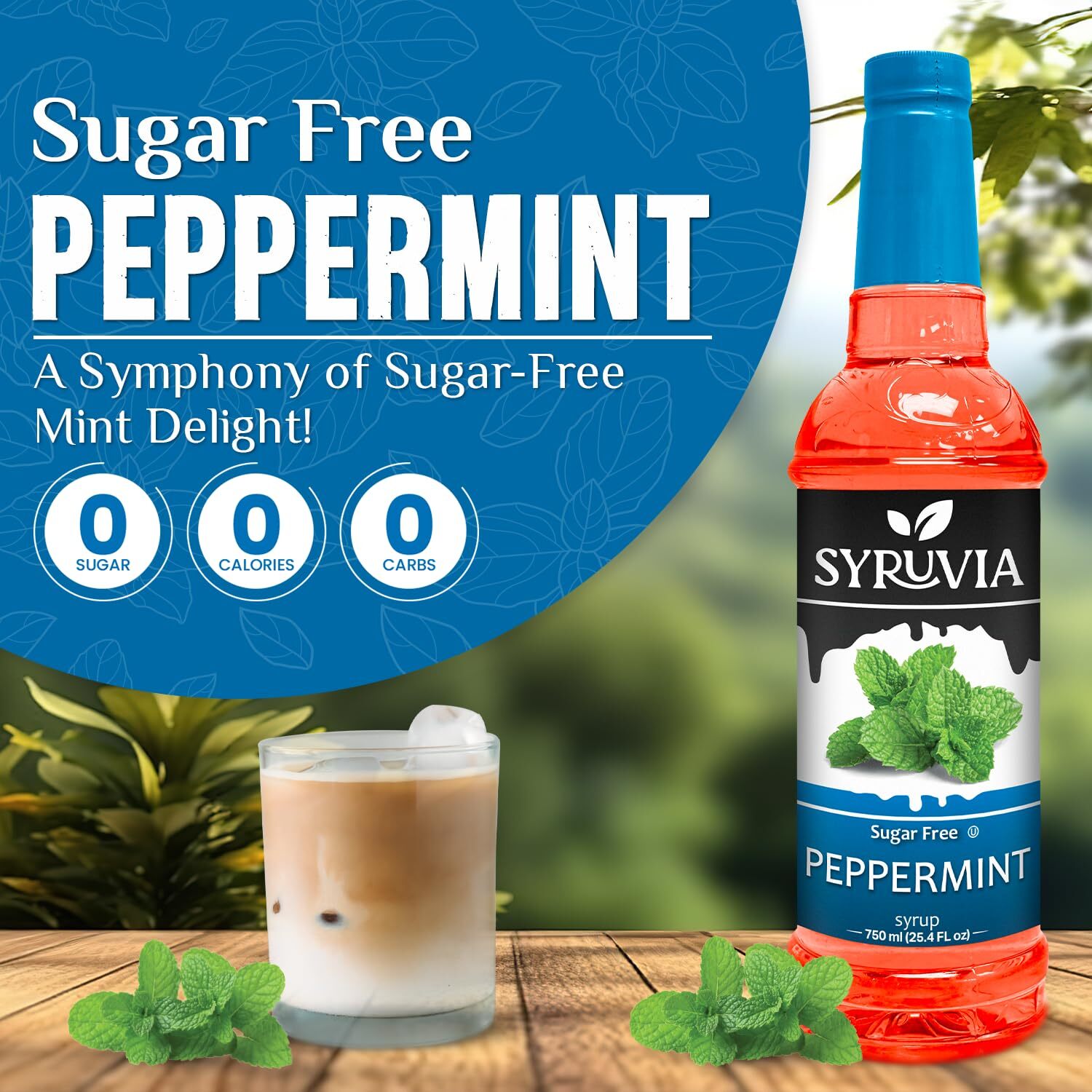 Syruvia Sugar Free Peppermint Syrup 25.4 fl oz, for Coffee, Drinks, & More