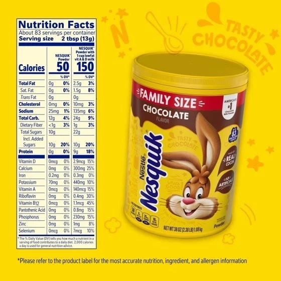 Nestle Nesquik Chocolate Flavor Powder Stir In Drink Mix Canister, 38 oz Caniste