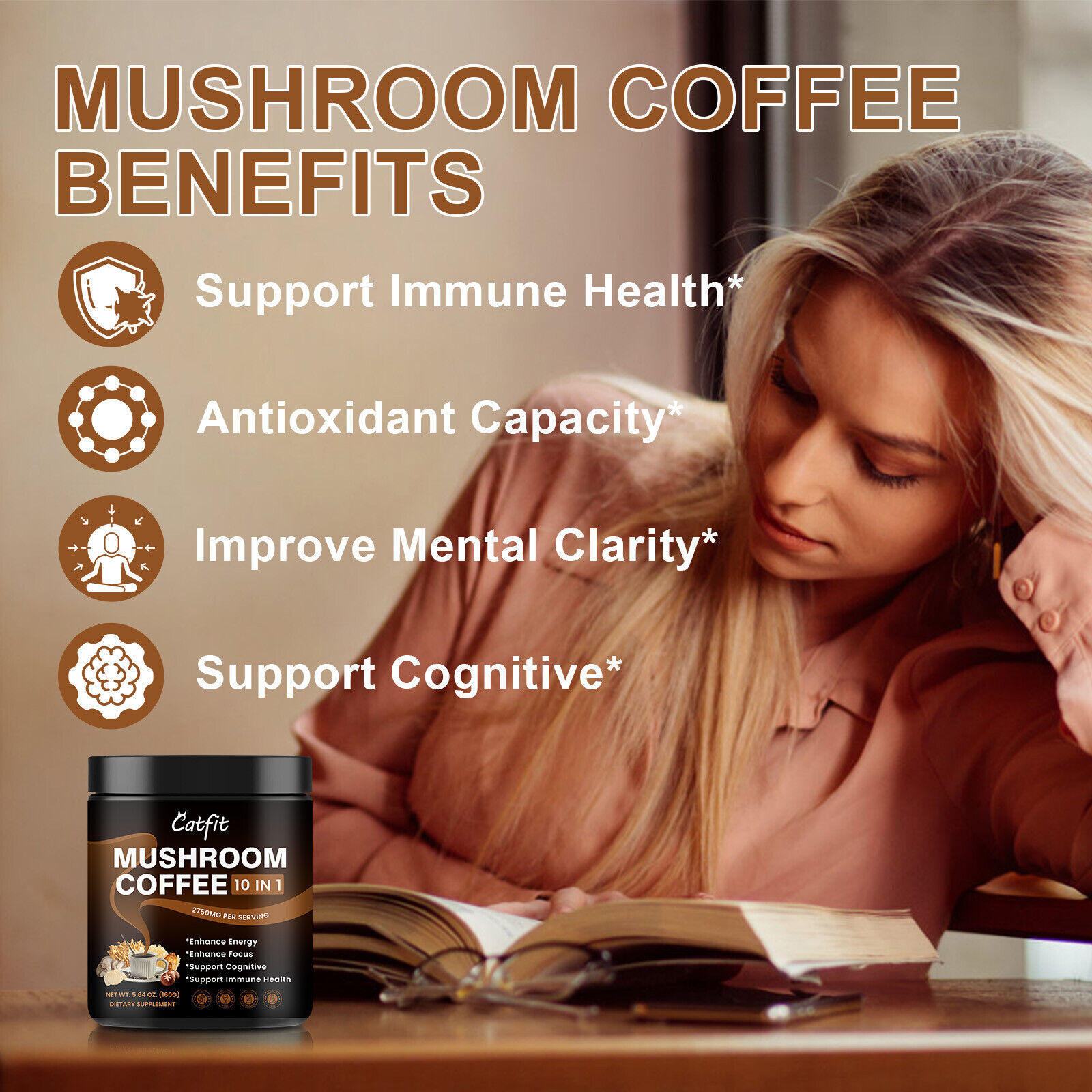 160g Mushroom Coffee Powder 5.64OZ ,10-IN-1, Immunity Brain Booster,Antioxidant