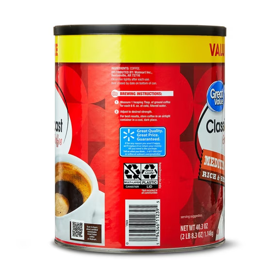 Great Value Classic Medium Roast Ground Naturally Caffeinated Coffee, 40.3 oz Ca