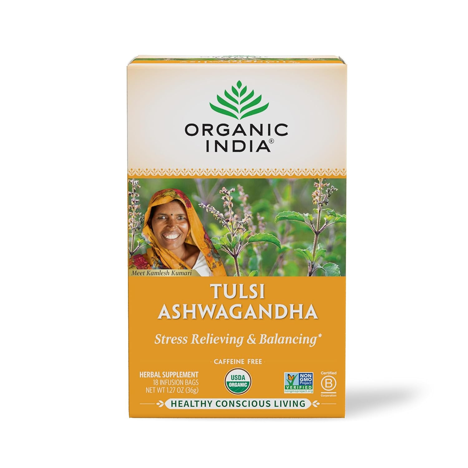 Organic India Calming Tulsi Ashwagandha Herbal Tea Organic 18 Bags, 1 Pack
