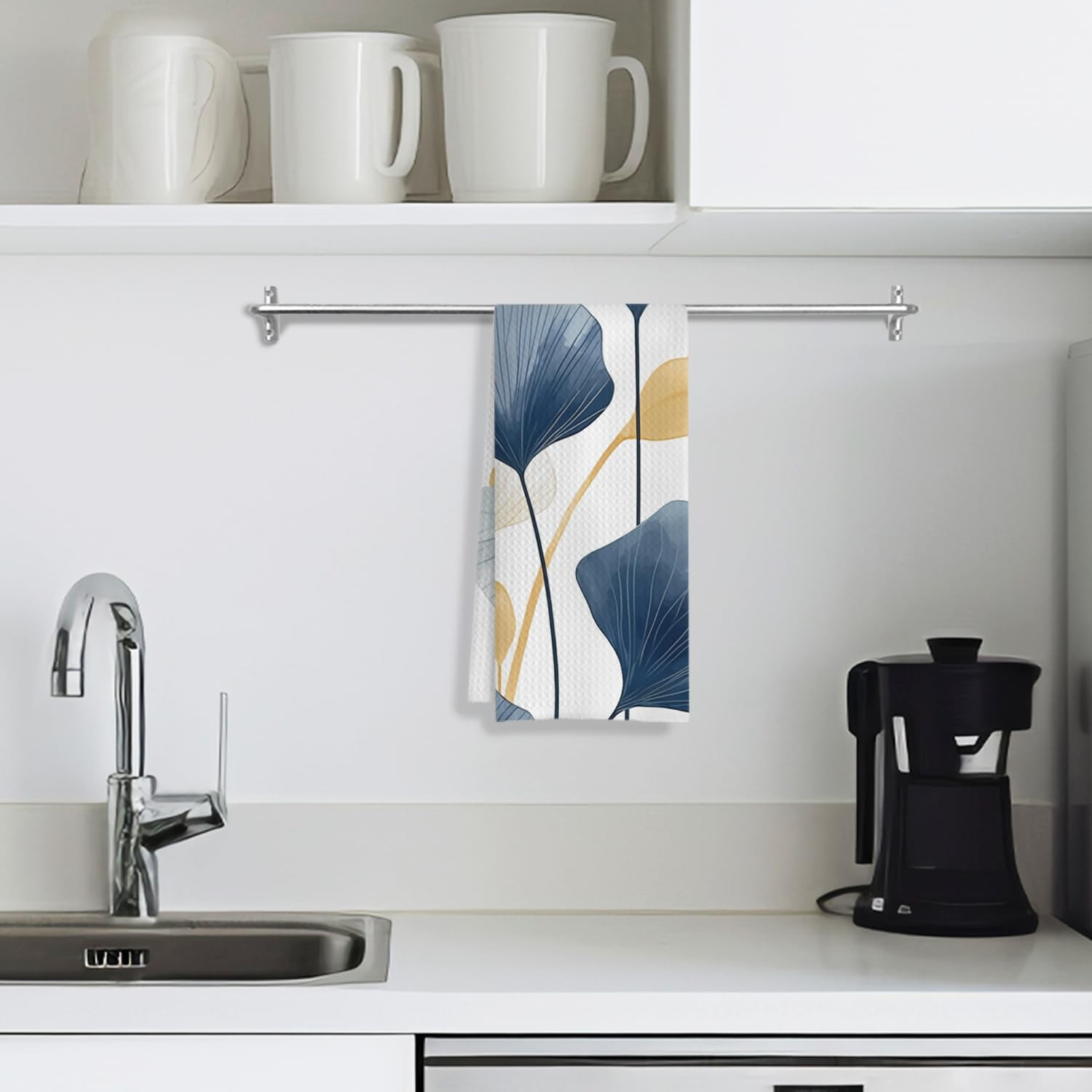 Boho Botanical Kitchen & Bath Towels – Navy & Ginkgo Leaves, Mid Century Modern