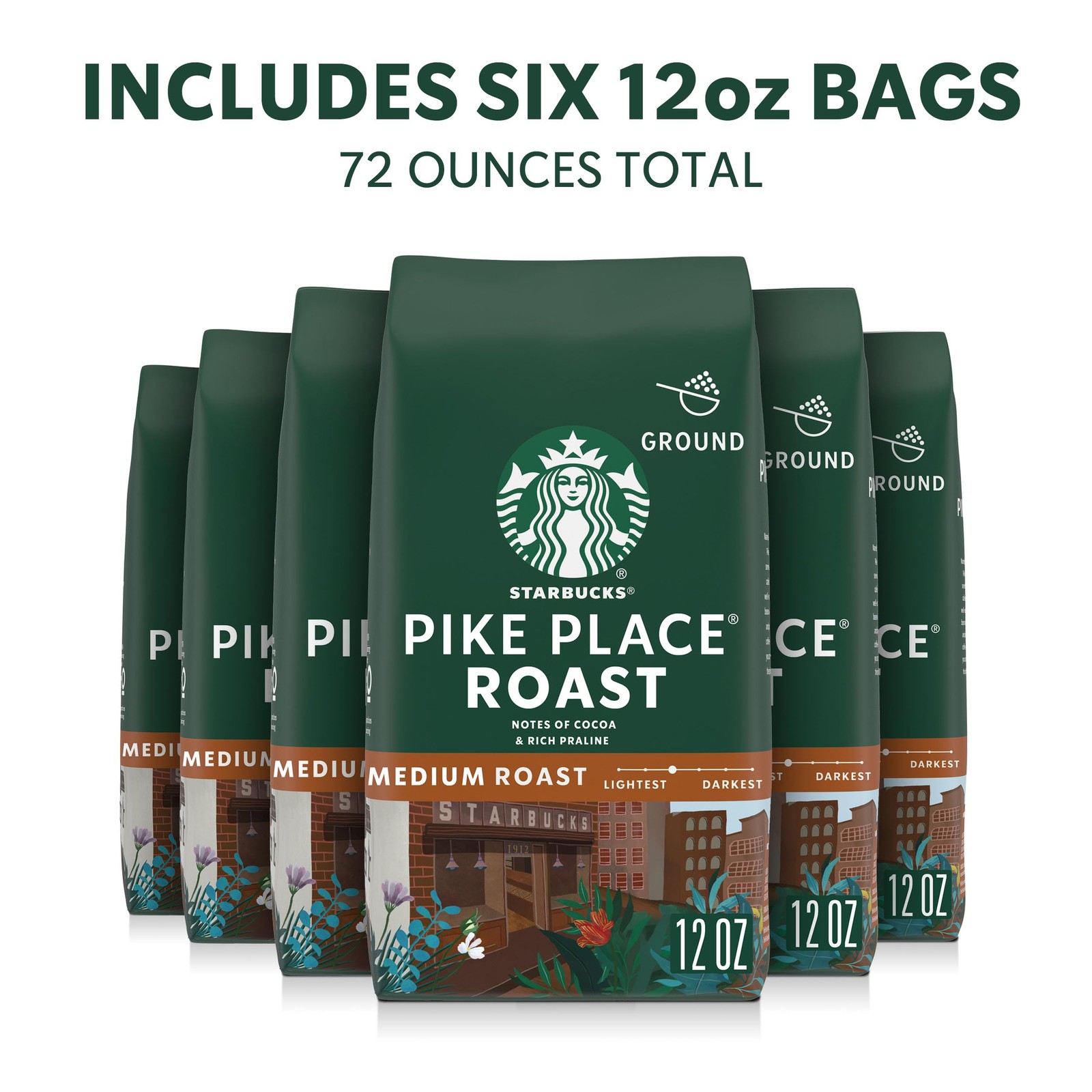 Starbucks Ground Coffee, Medium Roast Hot or 12 Ounce (Pack of 6), Pike Place