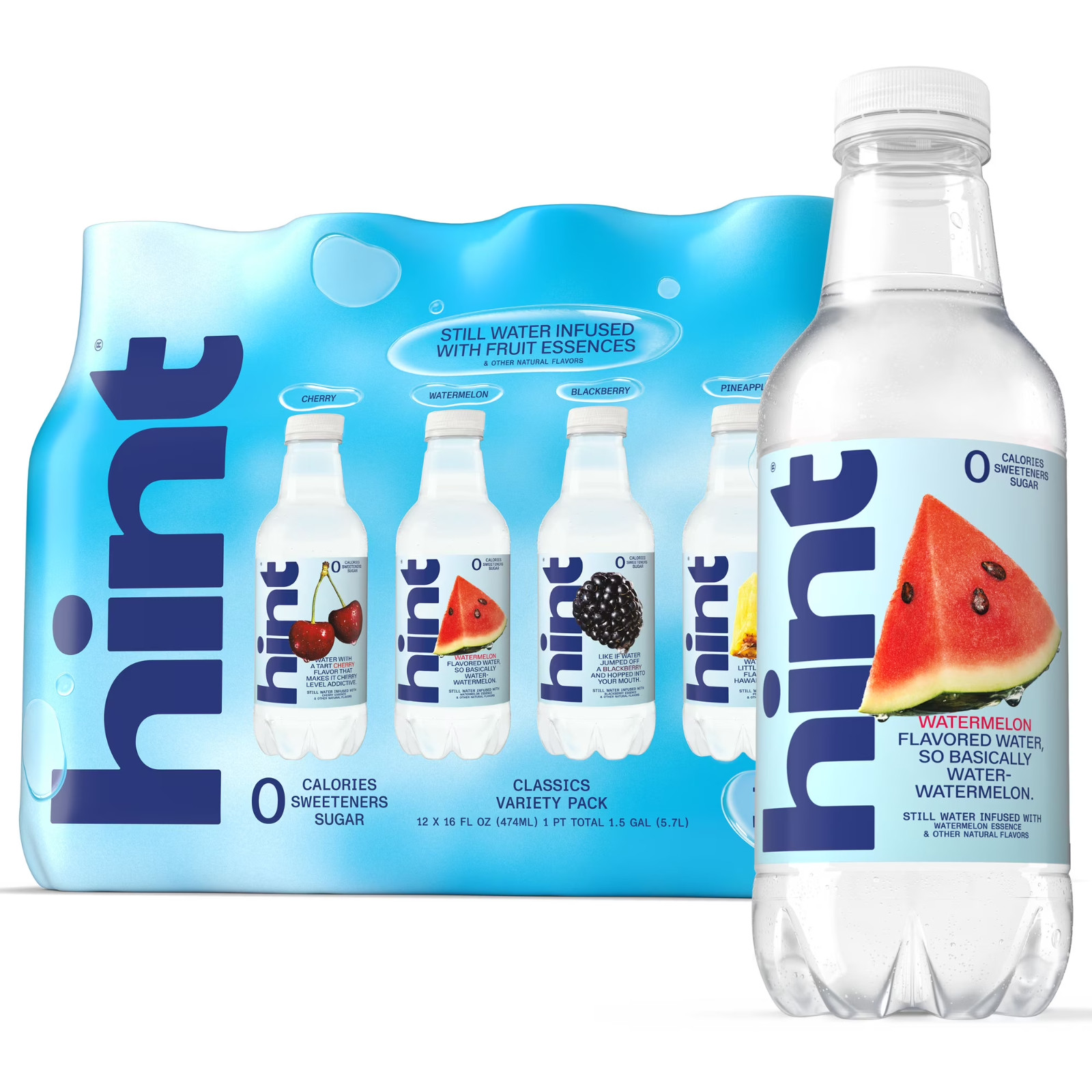 Hint Blue 4-Flavor Variety Pack Flavored Water, 16 fl oz, 12 Pack Plastic Bottle