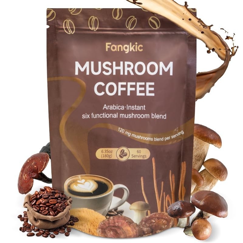 Instant Organic Mushroom Coffee, 6.35oz (60 Servings) 6 in 1 Medium Roast Cof…