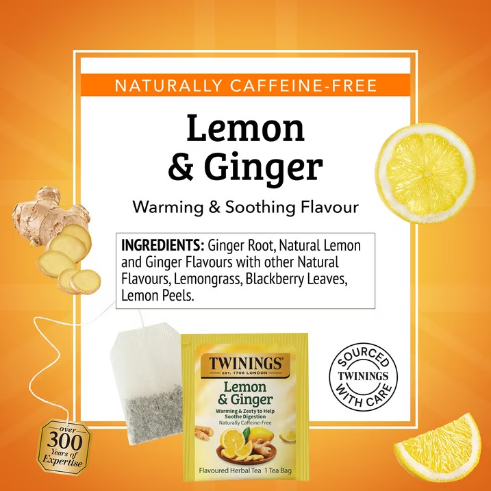 Twinings Lemon & Ginger Herbal Tea Bags, Naturally Caffeine Free, 50 Count Box