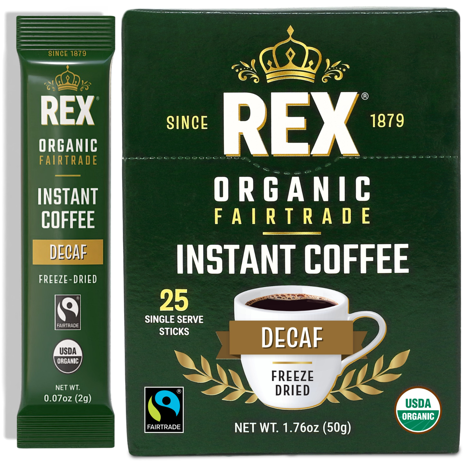 Rex Coffee Organic Fairtrade Natural Decaf Freeze-Dried Instant Sticks 25 Count