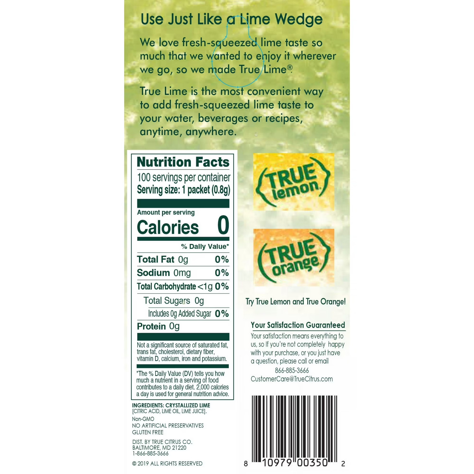 (100 Packets ) True Lime Sugar Free, On-The-Go, Caffeine Free Powdered Drink Mi