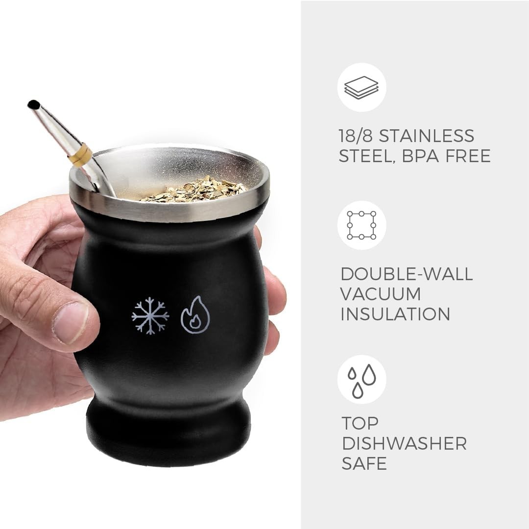 Modern Yerba Mate Experience: Stainless Steel Cup with 2 Bombillas – Gift Ready