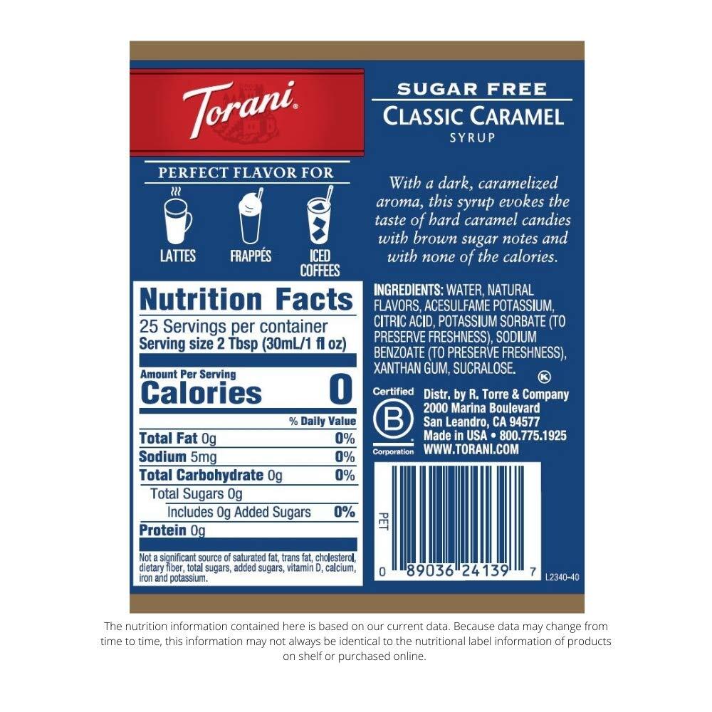 Torani Sugar Free Syrup Pack of 4 25.4 Oz Zero Calorie Caramel Flavor
