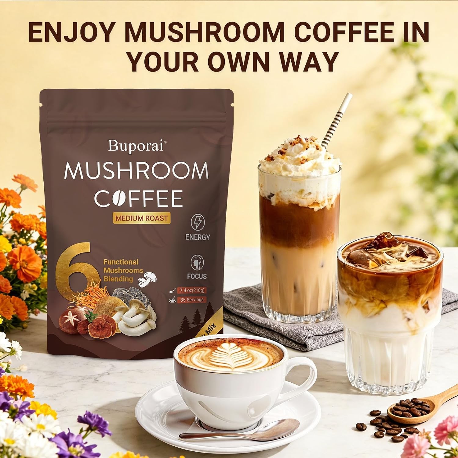 Mushroom Coffee, Instant Mushroom Coffee Organic with 6 Mushrooms Lion’s Mane,