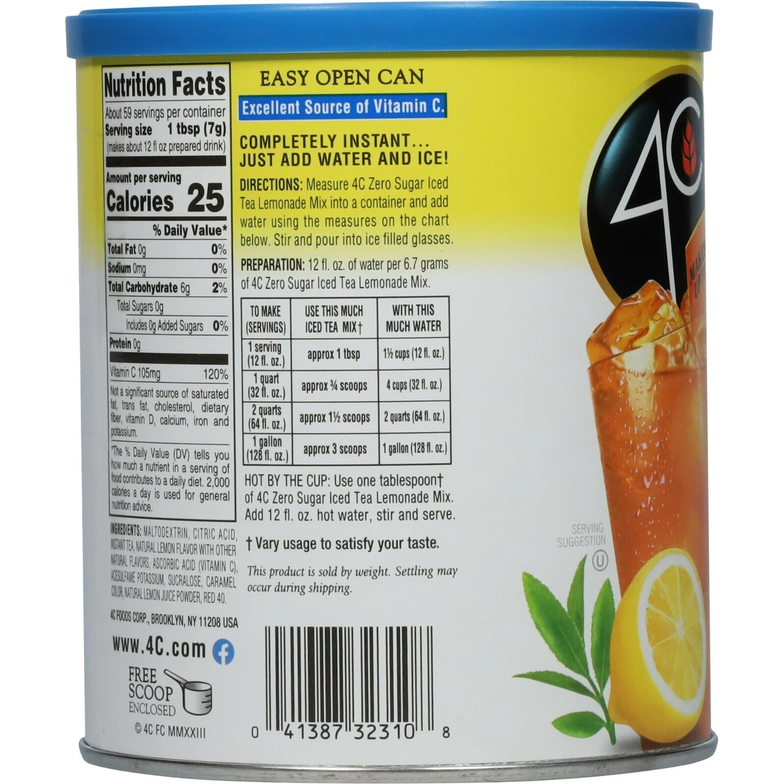 4C Zero Sugar Half & Half Iced Tea/Lemonade Mix 13.9 oz. Canister