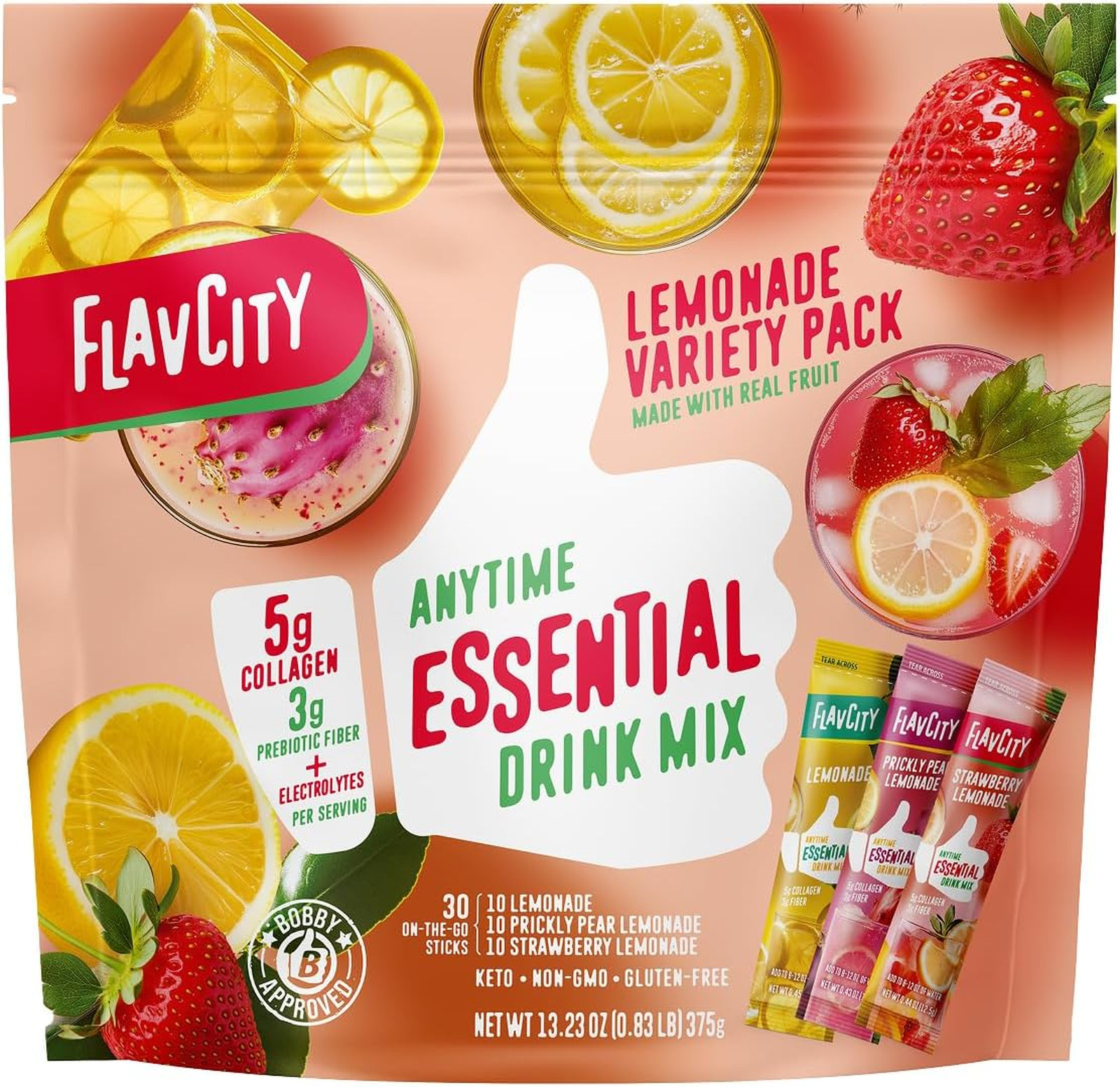 Anytime Essential Lemonade Powder Drink Mix Packets with Collagen 30 Stick Packs