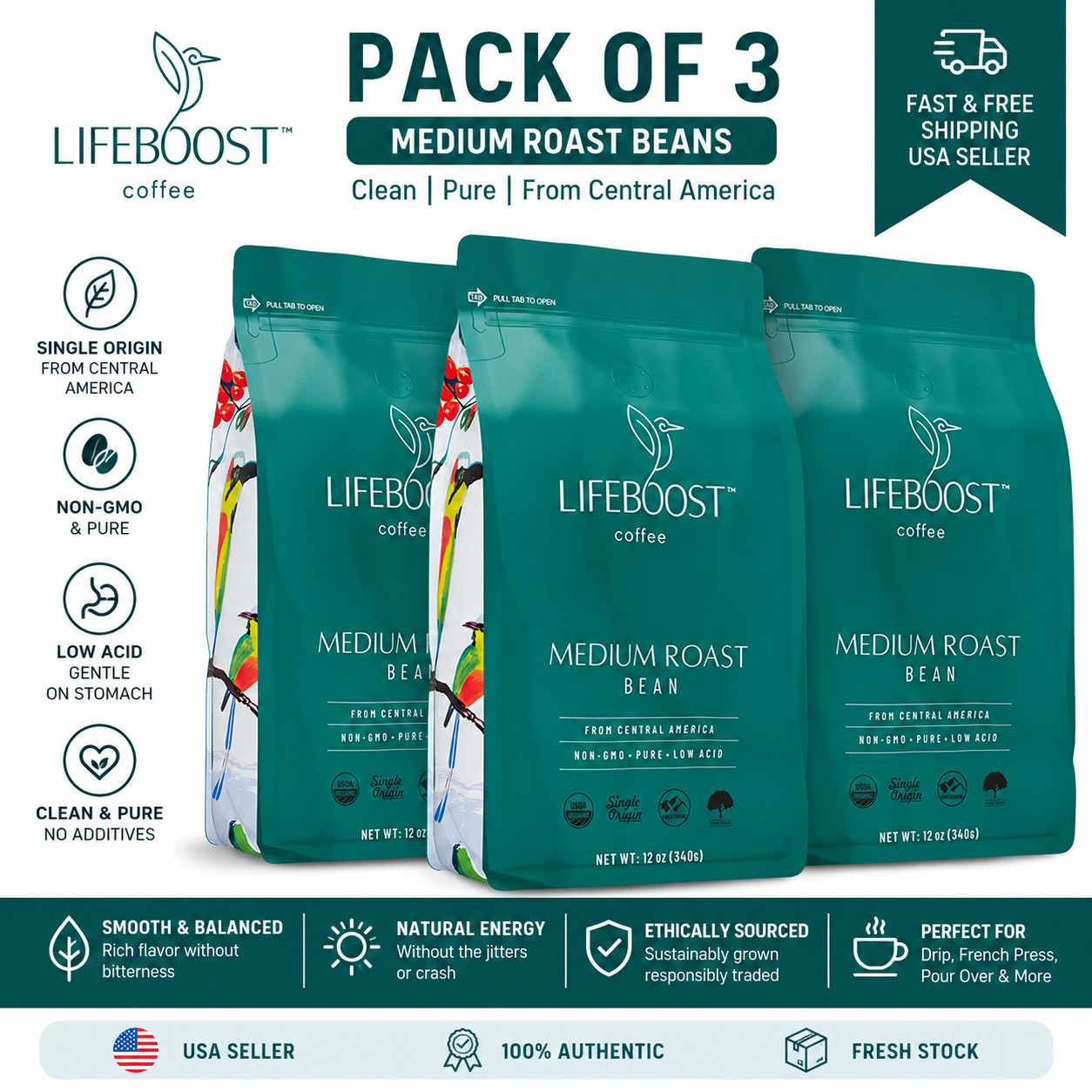Lifeboost Coffee Ground 12 Ounces each (pack of 03 ), GROUND COFFEE Medium Roast
