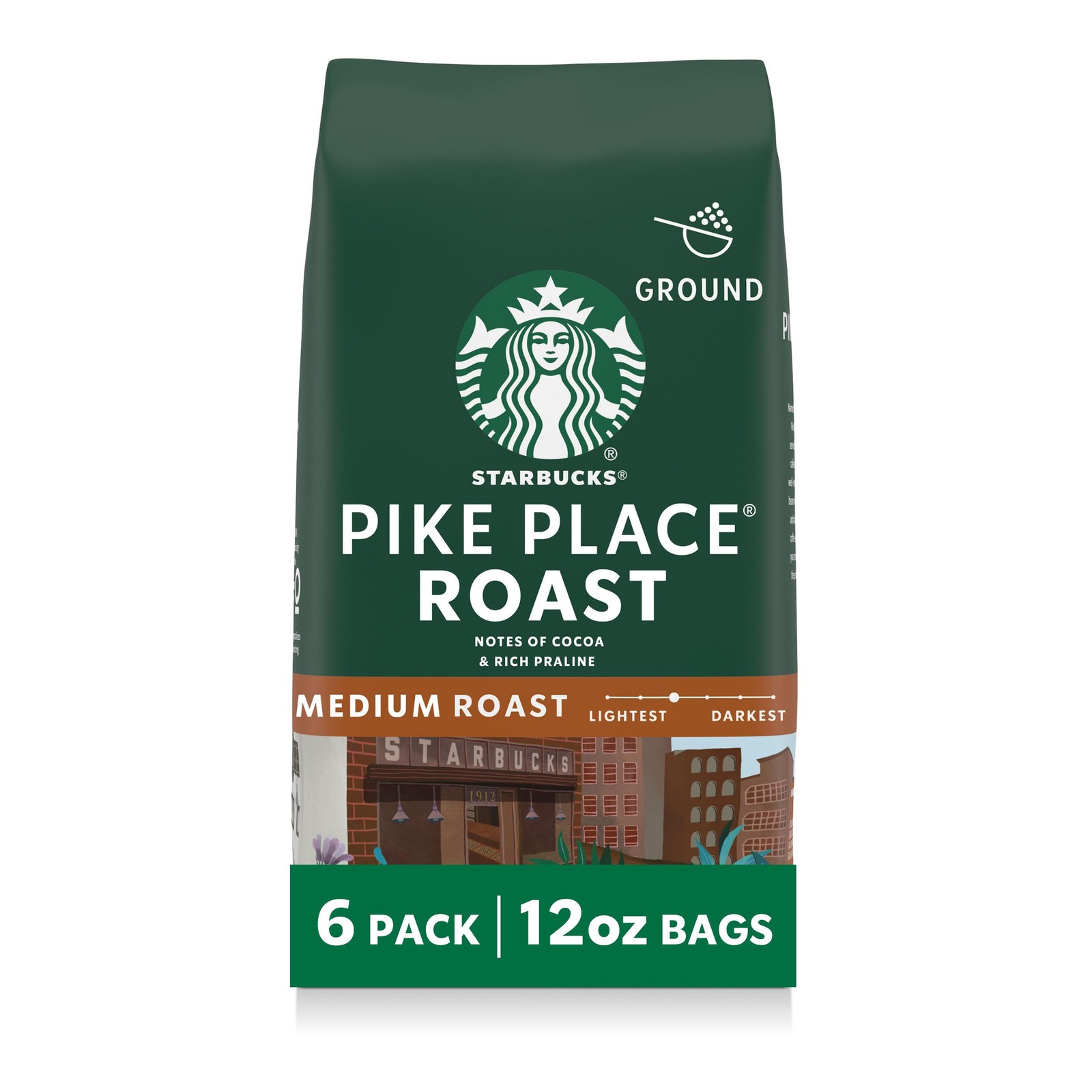 Starbucks Ground Coffee, Medium Roast Hot or 12 Ounce (Pack of 6), Pike Place