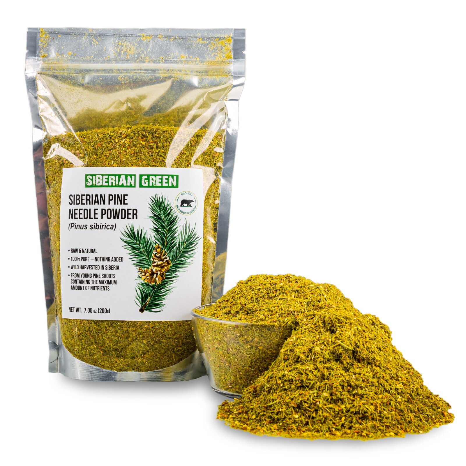 Pine Needle Tea Powder 200g (7.05oz) Wild Harvested Pinus Sibirica White Pine