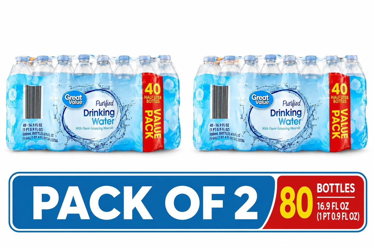 Great Value Purified Drinking Water, 40 Count 16.9 Fl. Oz.,(Pack 2)@