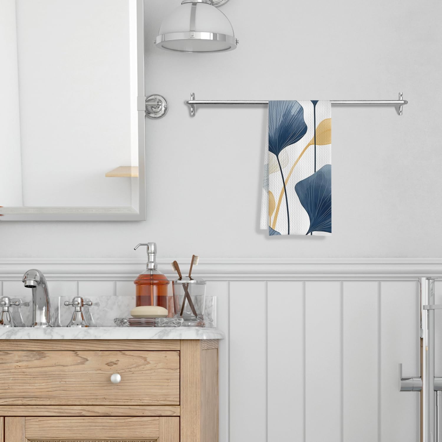 Boho Botanical Kitchen & Bath Towels – Navy & Ginkgo Leaves, Mid Century Modern