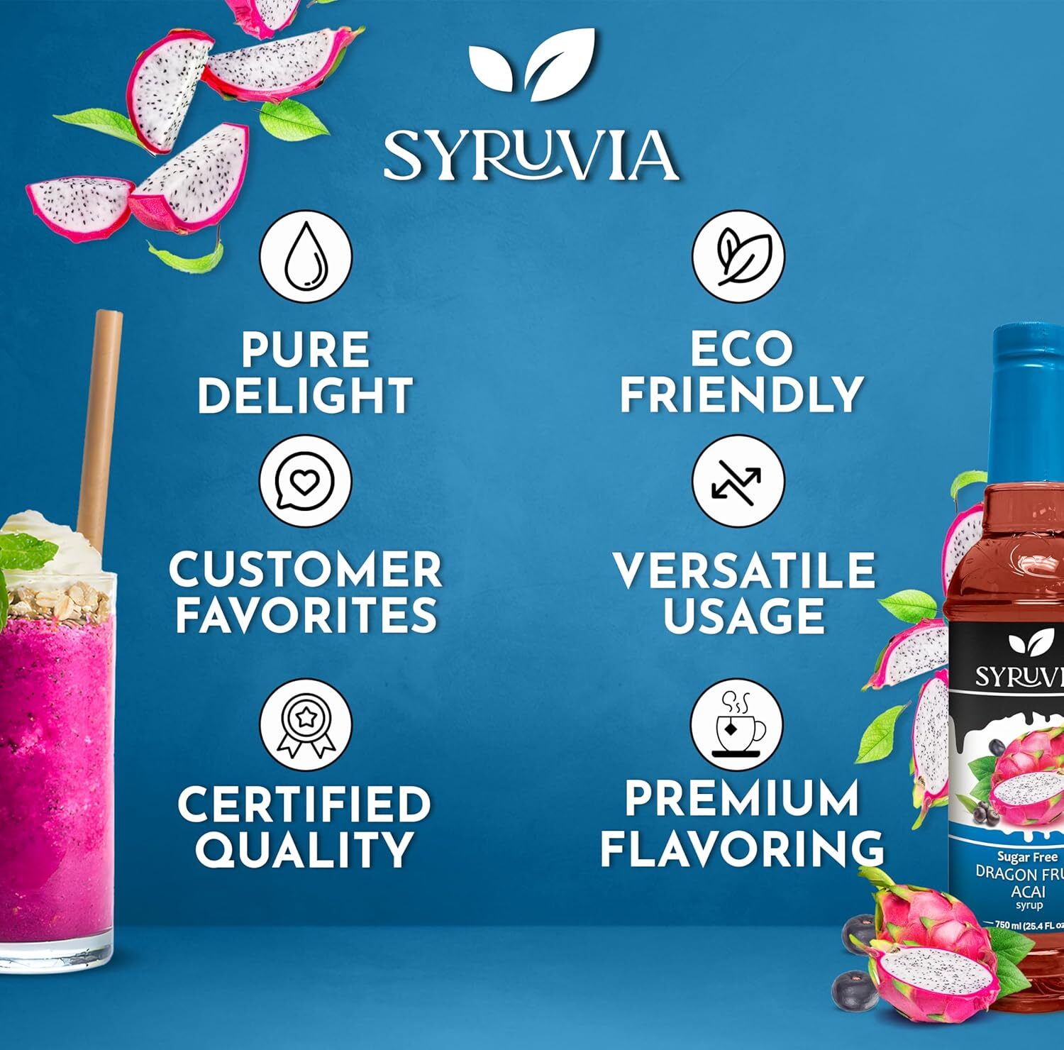Syruvia Sugar Free Dragon Fruit Acai Syrup 25.4 fl oz, for Drinks & More