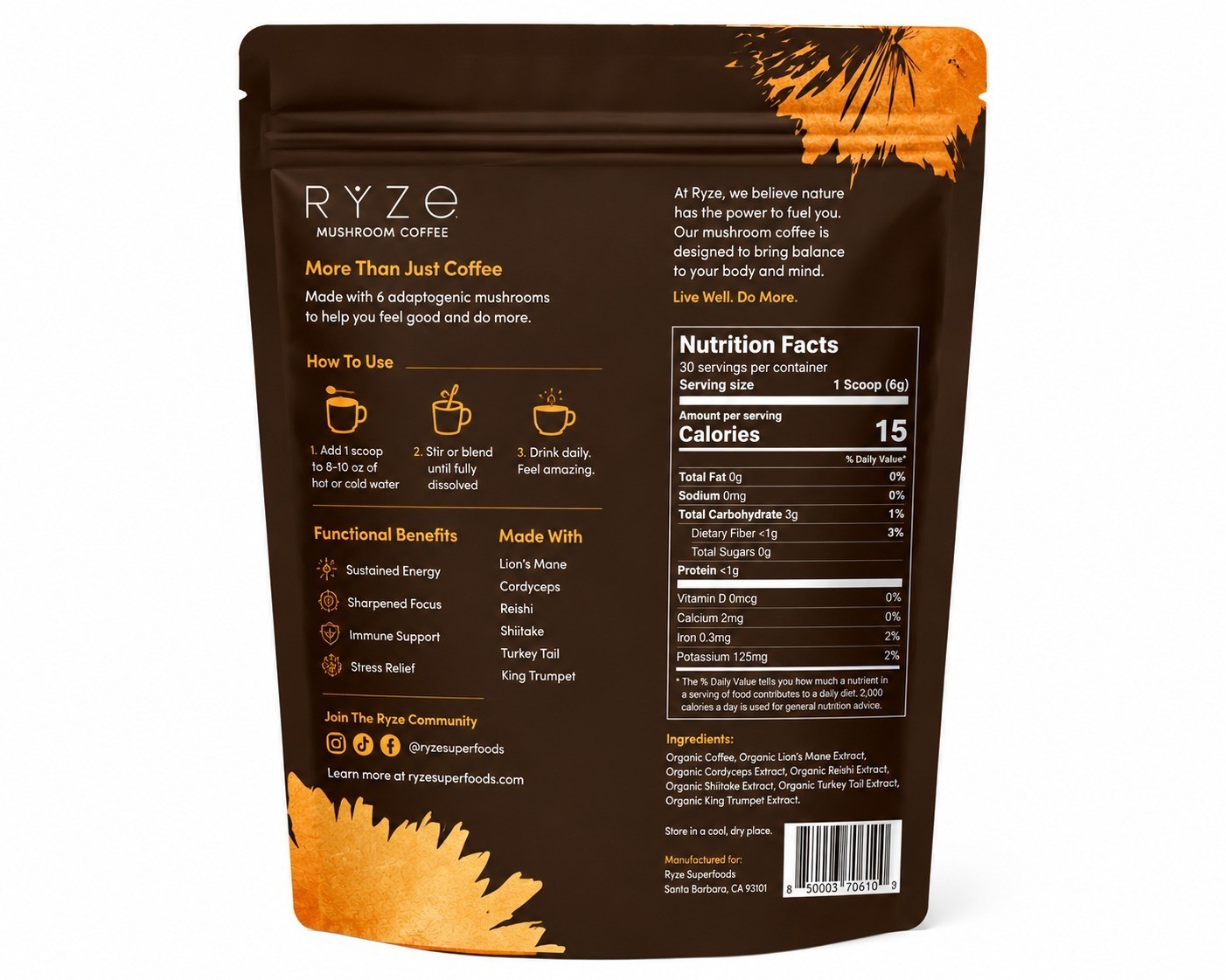 RIZE Mushroom Coffee Bright & Smooth Drink Mix 180g 30 Servings