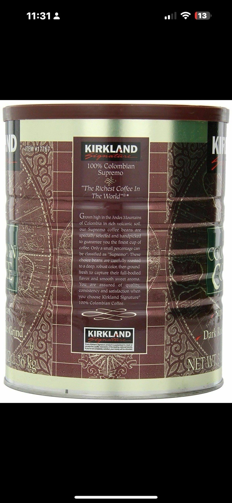 Kirkland Signature Colombian Coffee Dark Roast Ground 3lb 48oz Large Can Sealed