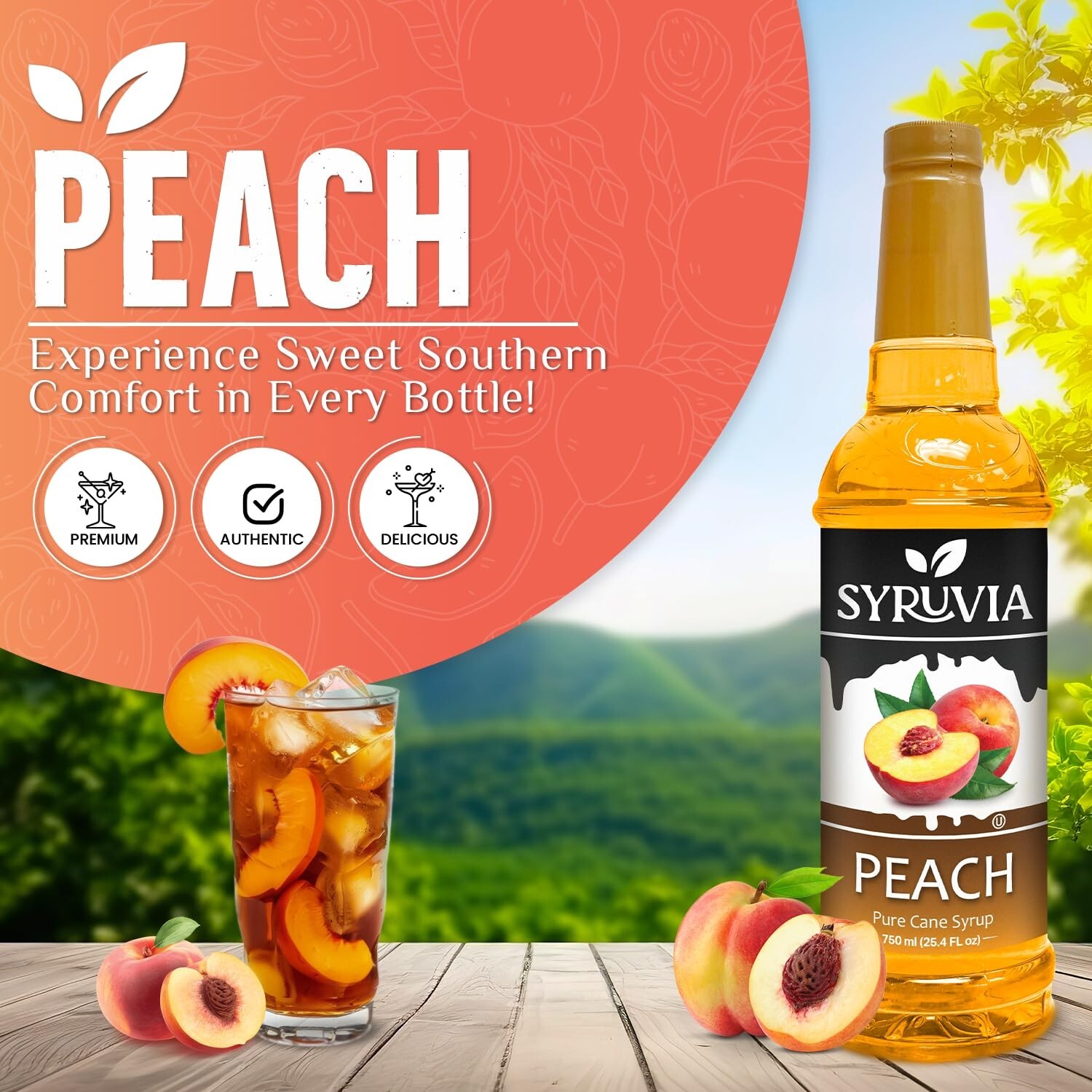 Syruvia Peach Syrup 25.4 fl oz, Kosher, Gluten-Free, Perfect for Drinks