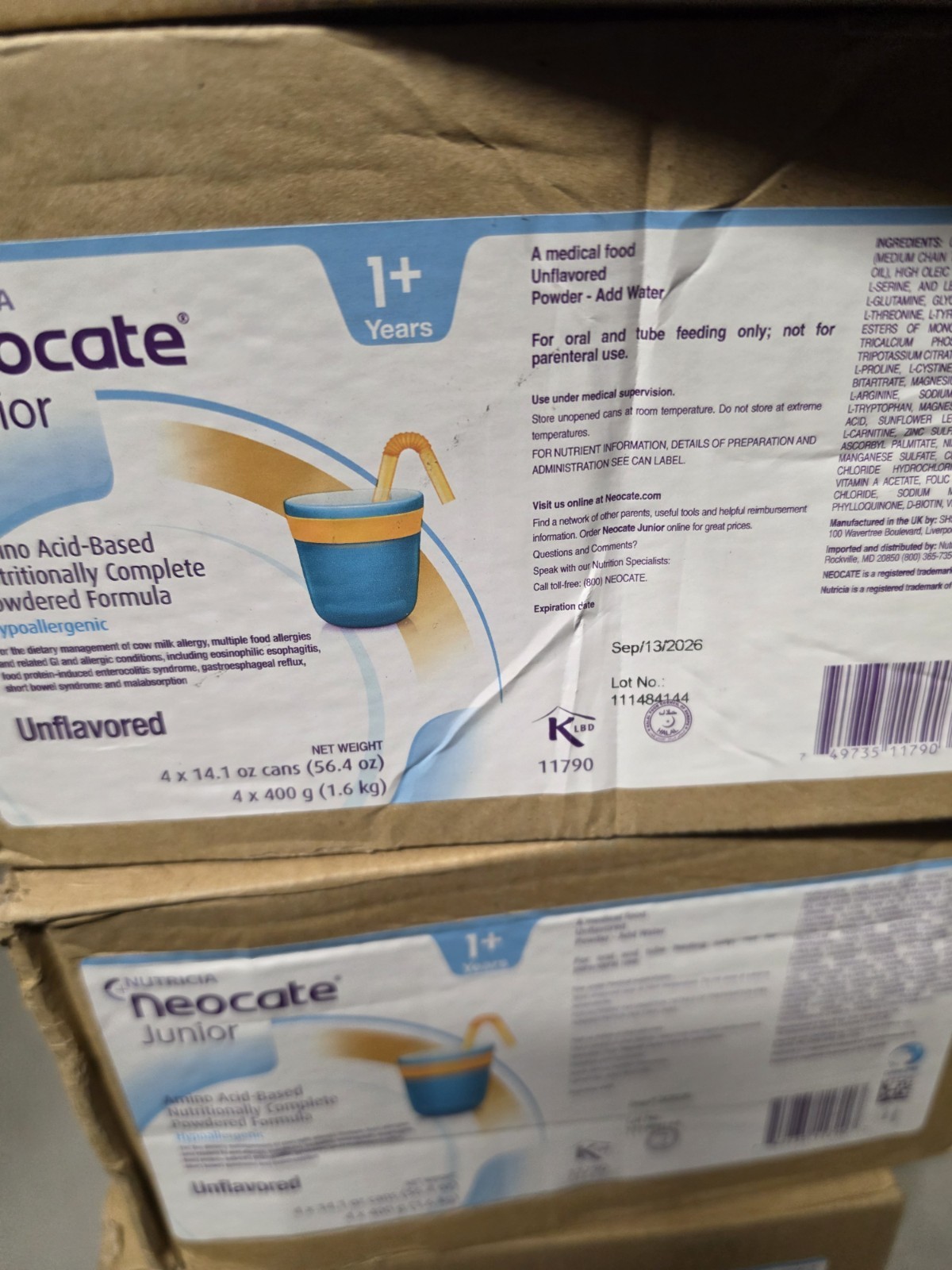 (8)Neocate Jr Unflavored 14.1 Oz FREE SHIPPING EXP 9/13/26+