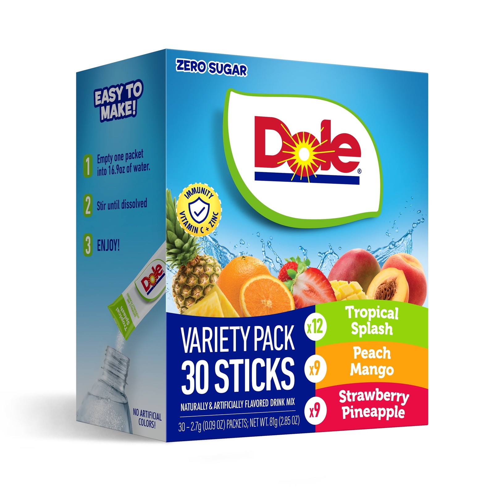 Dole Powder Drink mix variety Pack Tropical Peach Mango & Fruit Sugar Free 30 Ct