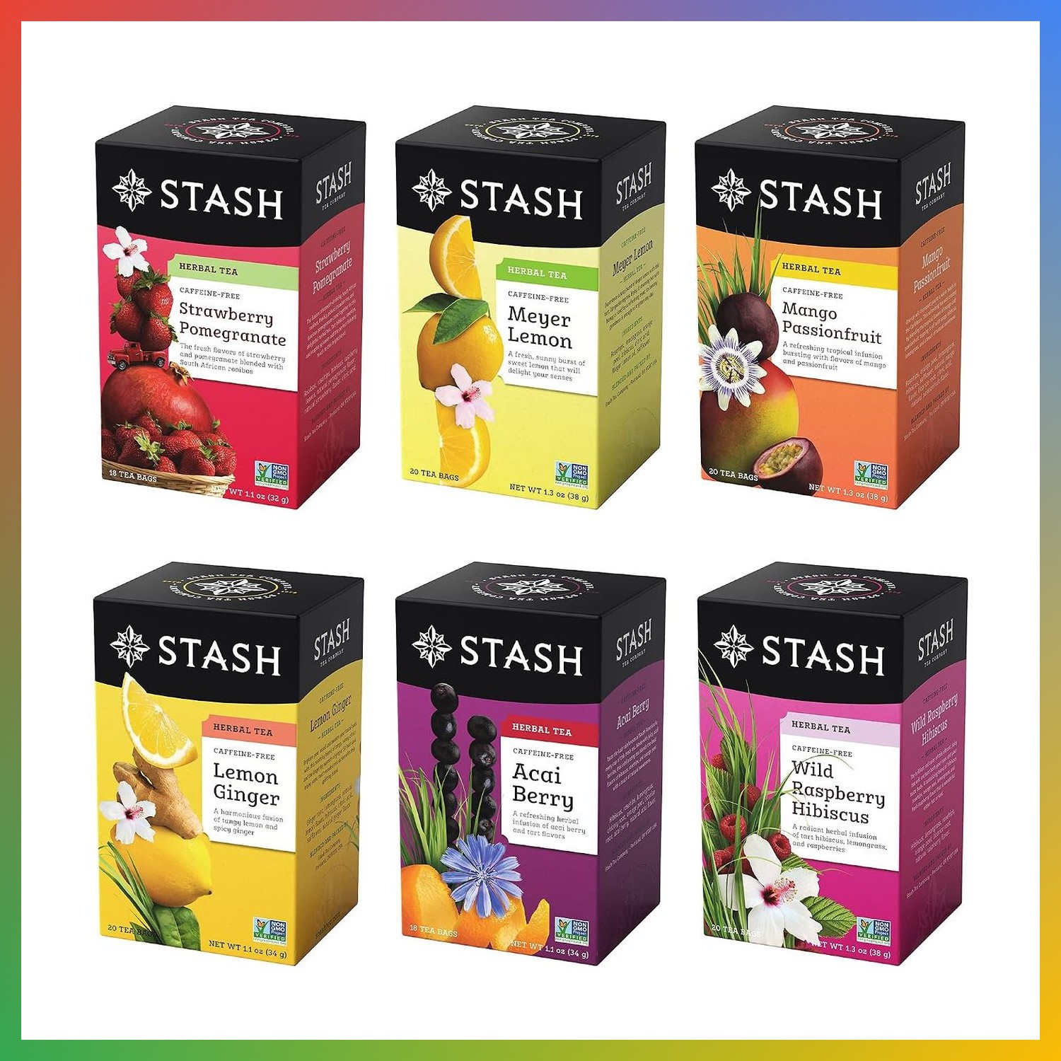 Herbal Tea Sampler 6 Flavors Fruity Variety Pack 108 Tea Bags Bulk