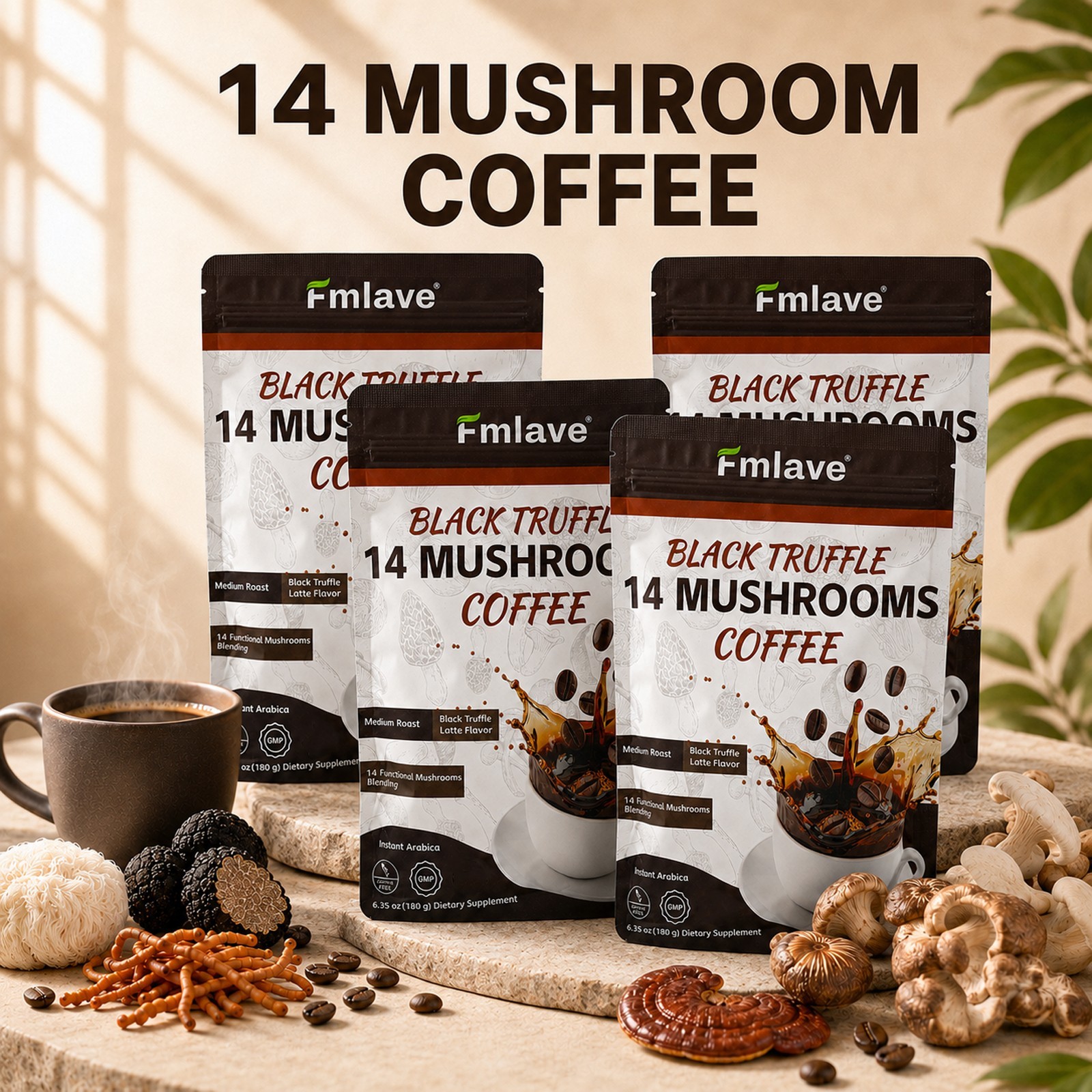 4pc Organic Mushroom Coffee 72 Servs – 14 Mushroom Blend for Focus, Energy Brain