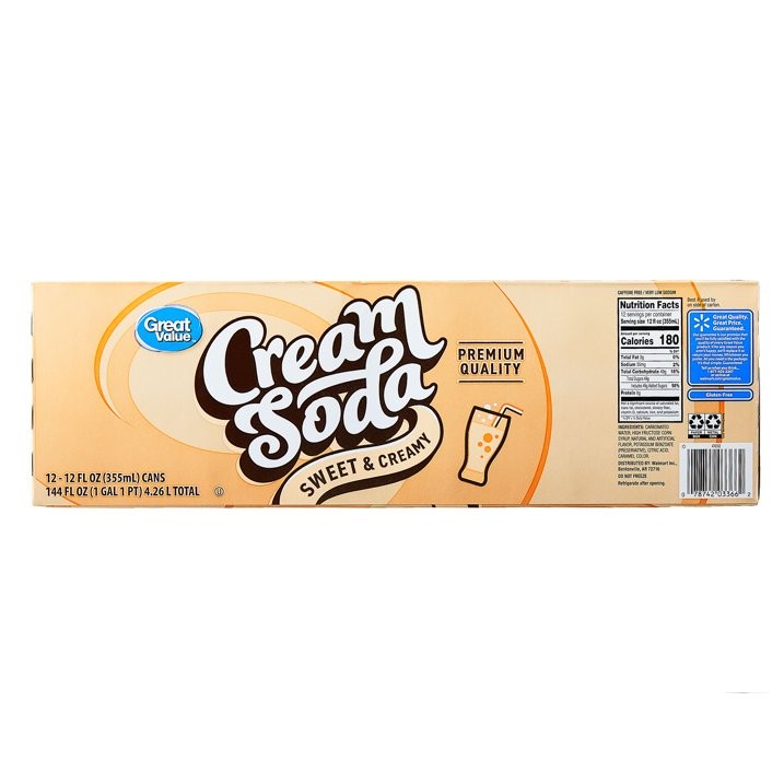 Great Value Cream Soda Pop, 12 fl oz, 12 Pack Cans New