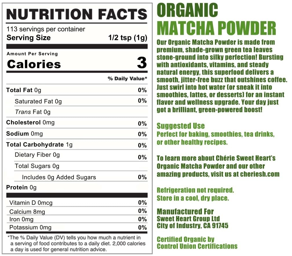 Cherie Sweetheart Organic Matcha Green Tea Powder – 16oz