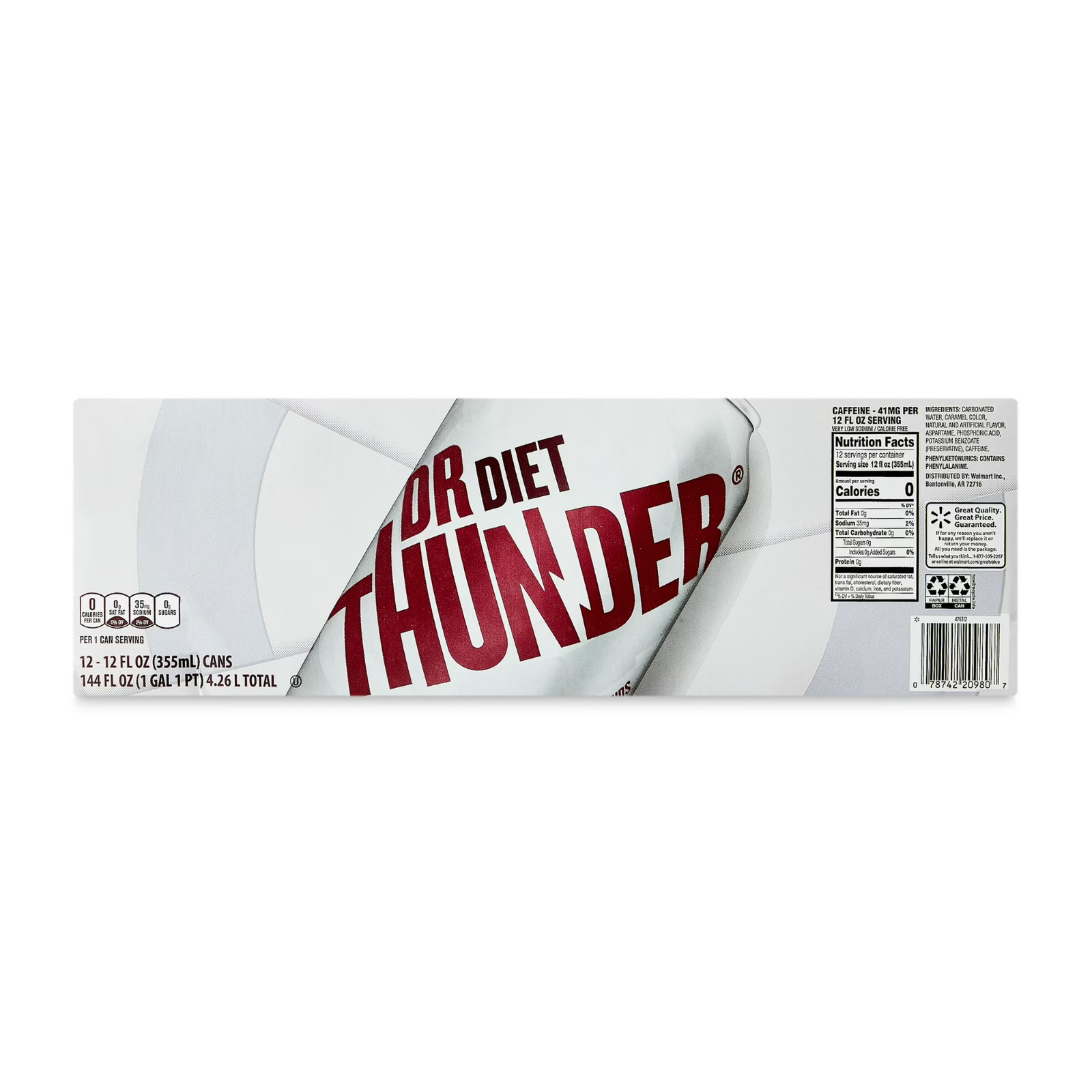 Great Value Dr Thunder Diet Calorie free Cola Soda Pop, 12 fl Oz 12 Pack Cans.