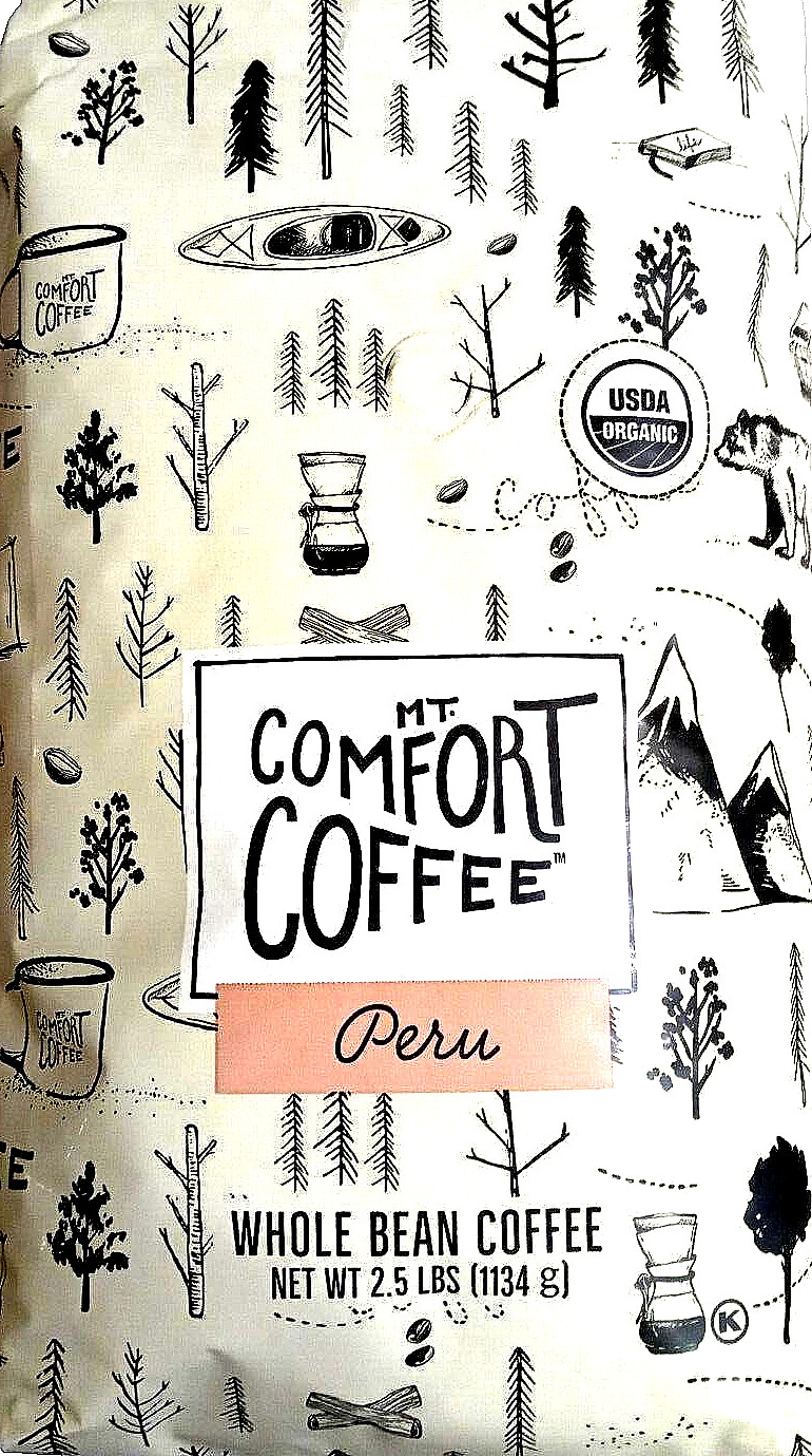 Mt. Comfort Organic Peru Medium Roast Whole Been Coffee 2.5 lb Bag EXP 11/2024